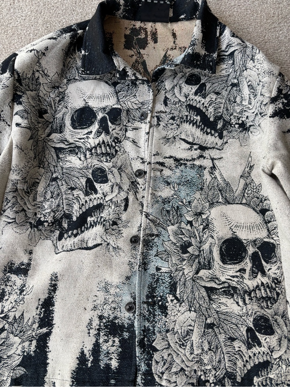 Rebel Vengeance Black & Cream Skull-Print Tapestry Shirt Jacket Medium